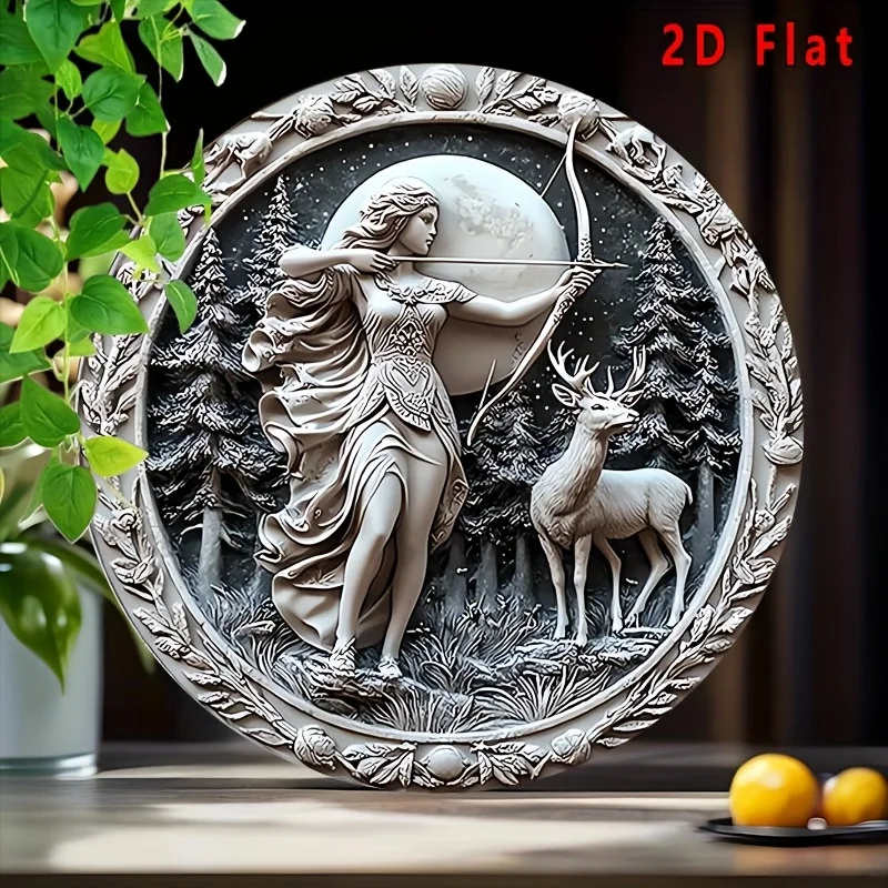 2D flach, 2D flach 1 Stück, rund 2D Artemis Göttin Mond und Hirsch 8" Eisen Metallschild - Vintage Wandkunst - Mythologie Dekor für Zuhause, B Image