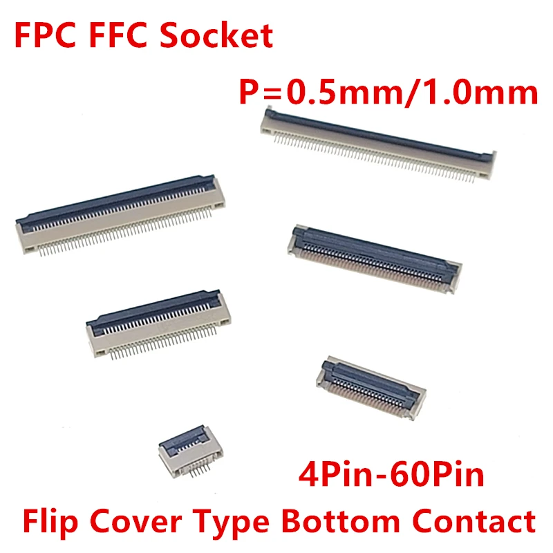 0.5mm 1.0mm FPC FFC Connettore Cavo piatto PCB SMT ZIF 4 5 6 7 8 10 12 16 18 20 26 28 30 32 36 40 50 54 60P Presa di contatto inferiore