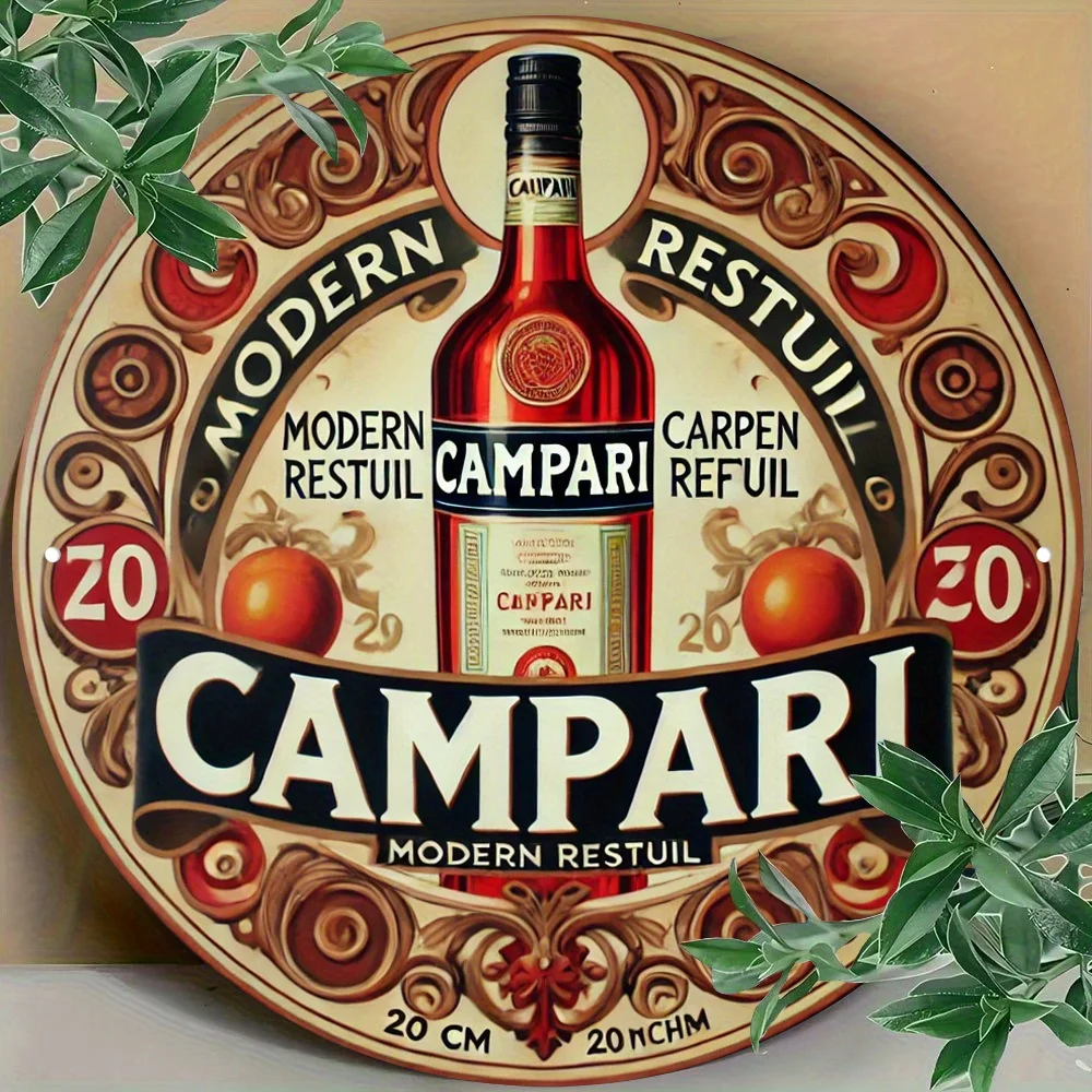 1 Stück „CAMPARI“-Metallschild im Vintage-Stil, 20,3 x 20,3 cm große Aluminium-Wandkunst mit verzierten Rand- und Obstillustrationen – modernes Wohnbild, Ausweis