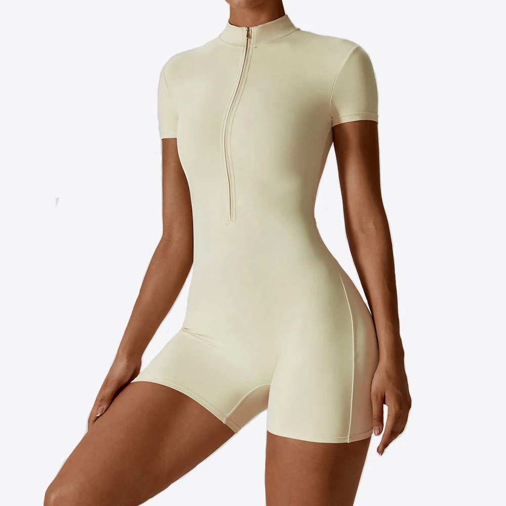 Frauen Yoga Kurzarm Overalls Slim Fit Stretch Einteilige Playsuits Strampler Sexy Fitness Einfarbig Weibliche Zipper Sportwears Image