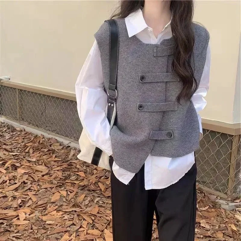 Gilet da donna coreano girocollo cardigan 2025 gilet da donna in tinta unita capispalla autunno inverno cappotto senza maniche irregolare femminile
