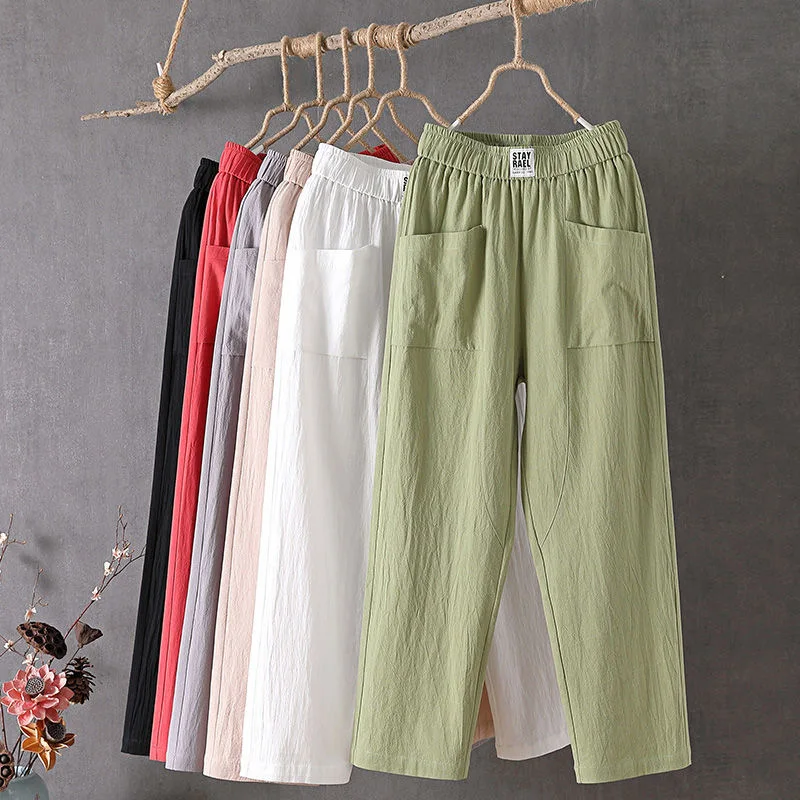 Baumwolle und Leinen Casual Hosen Für Frauen Koreanischen Stil Solide Lose Gerade Hosen Sommer Dünne Neun-Punkt Harem Hosen weiß Rot Image