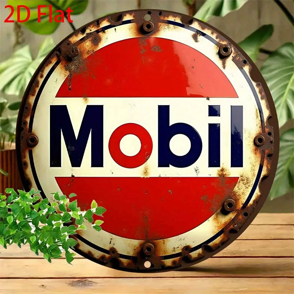 2D flach, 2D flach, 1 Stück rund – Retro-Aluminium-Blechschild – Vintage-Blechschild „Mobil“ Benzin, 20,32 x 20,32 cm, rustikale Wandkunst für Zuhause