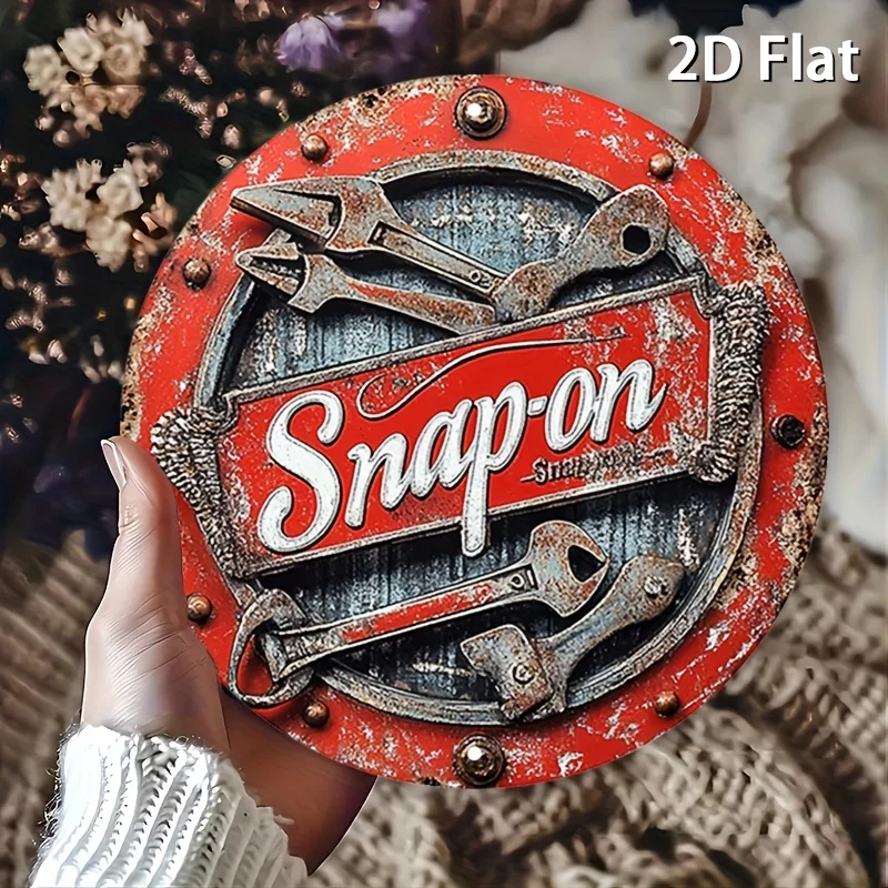 2D Flat 1pc Vintage Metal Sign Snap-on Tools Aluminium Round Poster Bold and Industrial Design Retro Vintage Look Wall Art for Ba