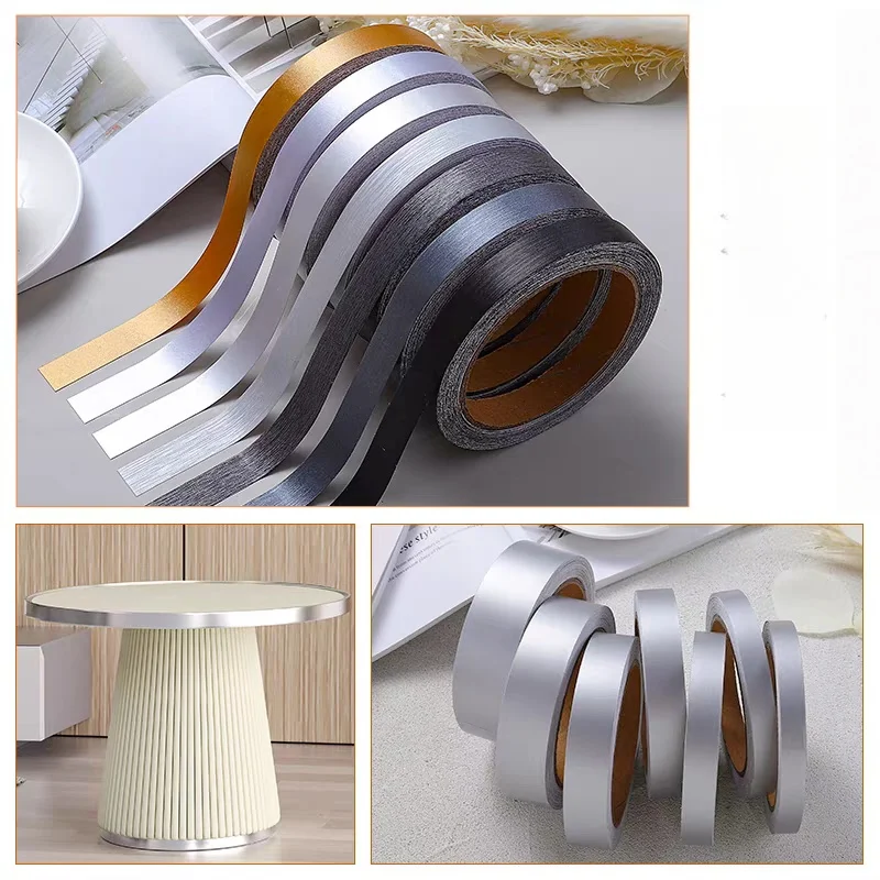1 Stück 10 m/393,7 Zoll Nachahmung von Metallstruktur, selbstklebendes PVC-Kantenanleim, Kantenanleimmaserung mit Holzmaserung, zum Dekorieren von Bordüren Image