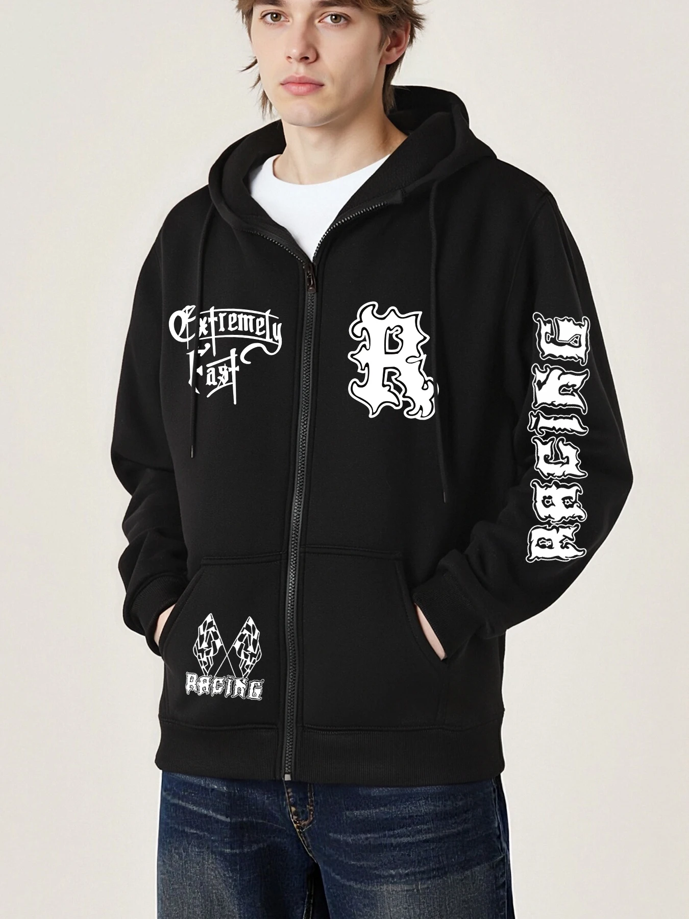 Brief R Racing Druck Herbst Männer Zipper Hoody Mode Alle-Spiel Streetwear Fleece Lose Kleidung Hip Hop Persönlichkeit Hoodie Image