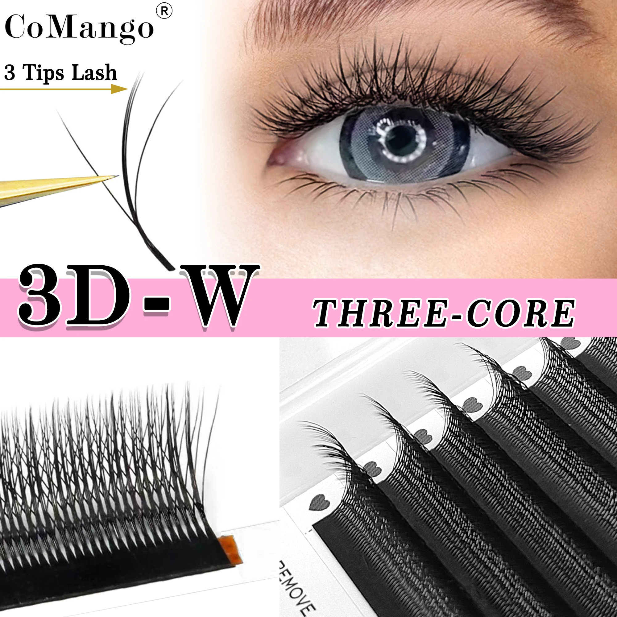 CoMango 3D W Stil vorgefertigte Volumen Wimpernverlängerung drei-Kern Dreifachspitzen Mix 8-15 Hybrid Wimpern Image