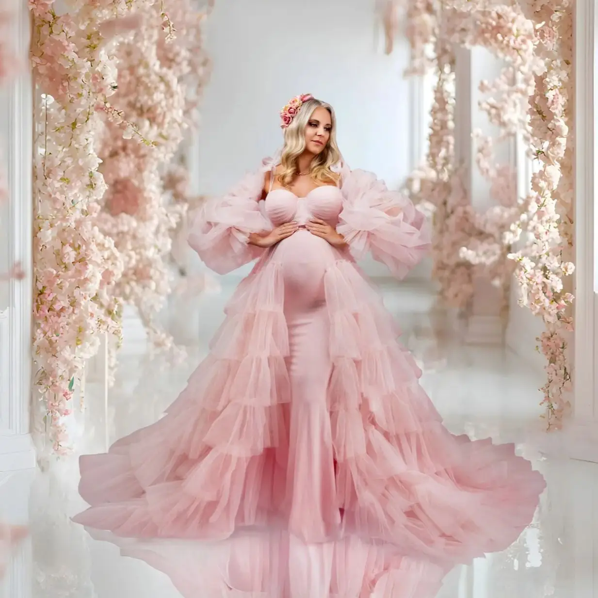 Linda Pink Maternity Dresses A Line Ruffled Tiered Photography Props Customized Pleats Pregnant Outfit Wear Babyshower Gowns