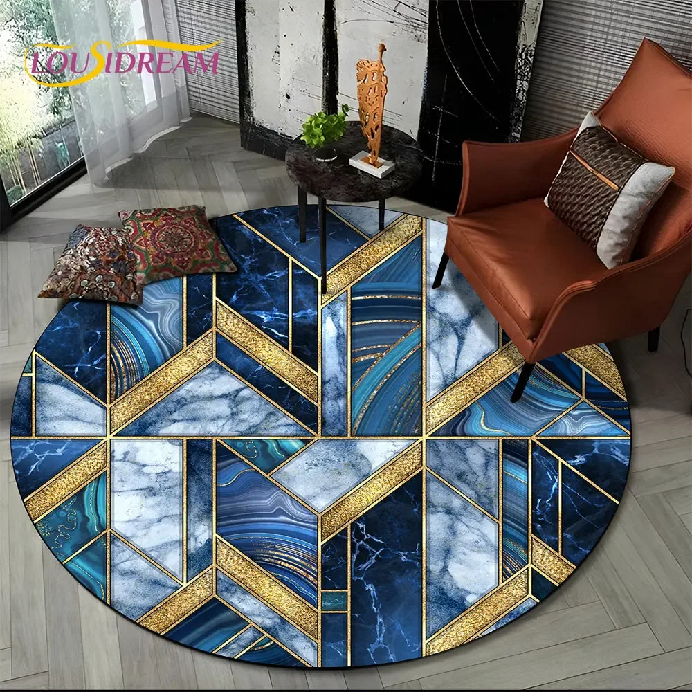 Bstract Geometry Marble Colour Gold Round Area Rug,Circle Carpet for Living Room Bedroom Sofa Decor, Kids Floor Mat Kitchen Mat