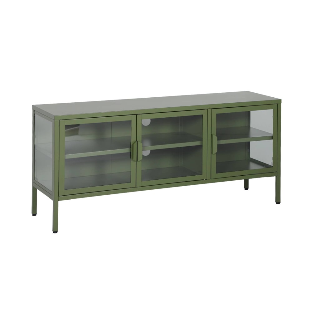 Meuble tv industriel métal et verre trempé 3 portes 120cm vert