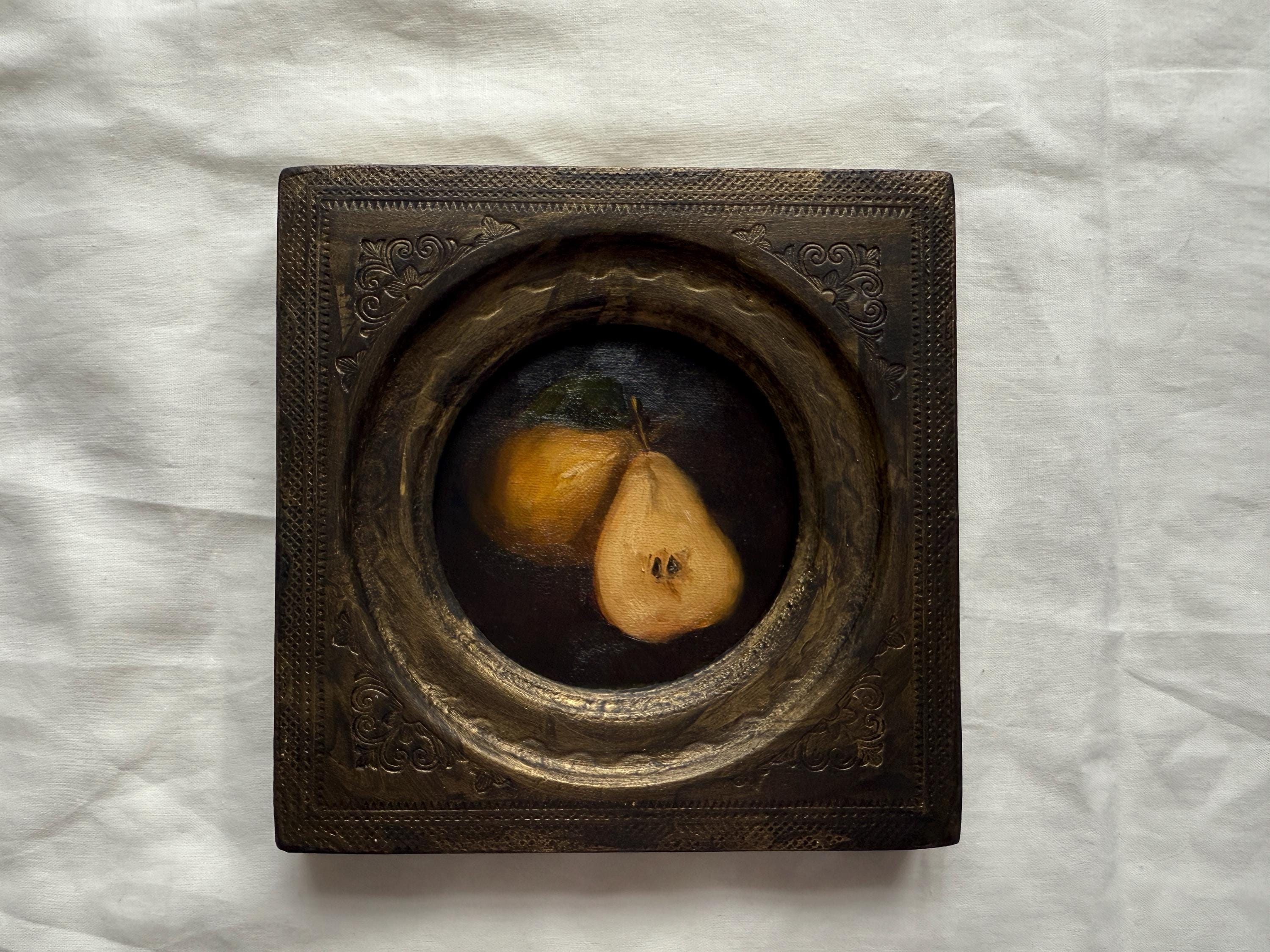 Dipinto a olio di pere - Natura morta originale - Decorazione da parete per cucina vintage - Dipinto di frutta rustica - Opera d'arte a olio in stile