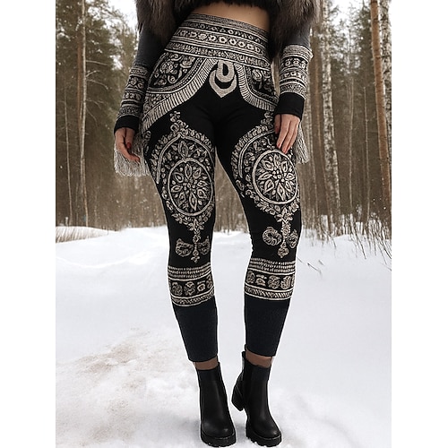 Womens Viking Boho Leggings Vintage Urlaub Vintage Ethnostil Vollständig Länge Hohe Taille Grafisches Abstrakt 3D Druck Schnell Trocknend Atmungsaktiv Soft Dehnbar Urlaub Zuhause Schwarz Herbst Image