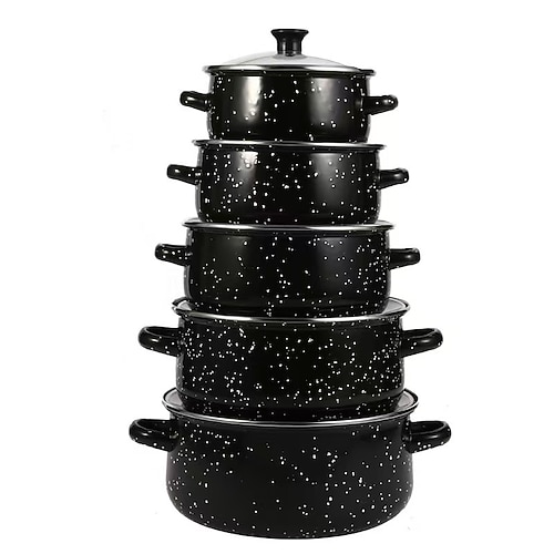 5-teiliges Emaille-Topfset, Kochtopfset mit Deckel, Keramik-Kochtopf, Schmortopf mit flachem Boden für Suppen und zum Einkochen Image