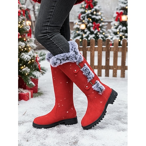 Rote Damen-Winterstiefel aus Wildlederimitat – kniehohe Stiefel mit Kunstfellbesatz und Schnallenriemen, stilvolle und warme Weihnachtsschuhe für Outdoor-Aktivitäten und den Alltag Image