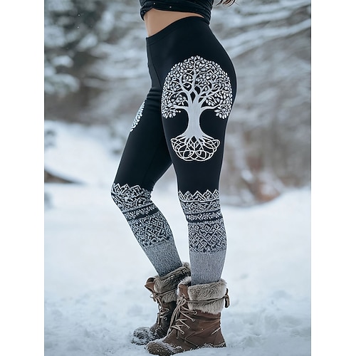 Damen Viking Boho Leggings Urlaub Vintage Ethno-Stil Voll Länge Hohe Taille Grafik Baum Schnell trocknend Atmungsaktiv Weich Hohe Elastizität Formal Urlaub Schwarz Weiß Grün Frühling Herbst Winter Image