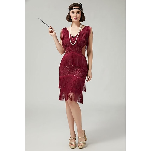 Retro Vintage Goldene Zwanziger 1920er Knielang Flapper Kleid Ärmellos Der große Gatsby Pailletten Fransen V Ausschnitt Kostüm Damen Weihnachten Karneval Maskerade Retro-Mottoparty Charleston-Tanz Image