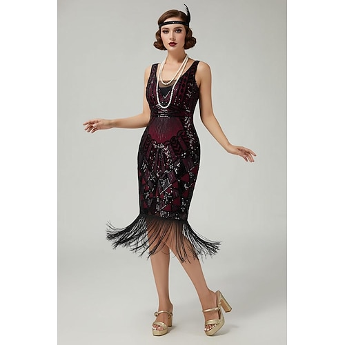 Goldene Zwanziger 1920er Knielang Flapper Kleid Ärmellos Der große Gatsby Pailletten Fransen V Ausschnitt Kostüm Damen Weihnachten Karneval Maskerade Retro-Mottoparty Charleston-Tanz Erwachsene Kleid Image