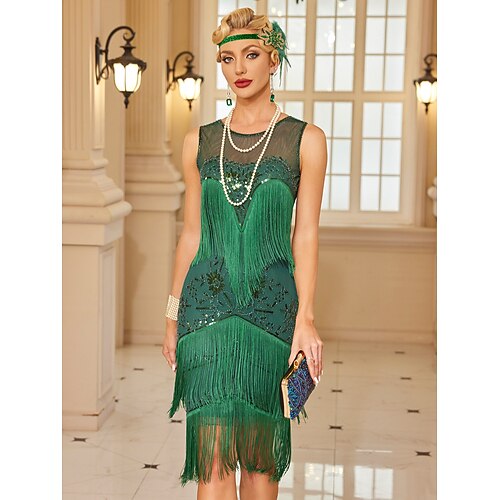 Goldene Zwanziger 1920er Knielang Flapper Kleid Ärmellos Der große Gatsby Pailletten Fransen Rundausschnitt Kostüm Damen Weihnachten Karneval Flüsterkneipe Maskerade Retro-Mottoparty Erwachsene Kleid Image