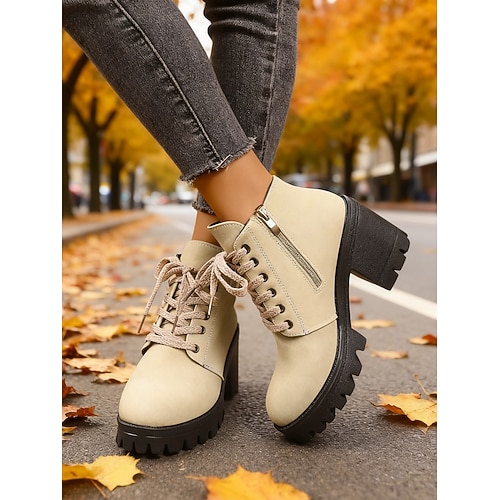 Beigefarbene Stiefeletten mit Blockabsatz für Damen – Schnürstiefeletten im Combat-Stil mit seitlichem Reißverschluss für Herbst-, Streetwear- und Alltagsoutfits Image