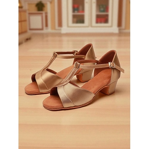 Lateintanzschuhe aus Satin für Mädchen – braune T-Riemchen-Sandalen mit niedrigem Absatz für Kinder und Jugendliche, geeignet für Training und Wettkämpfe Image