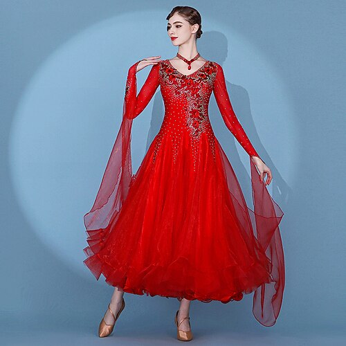 Gesellschaftstanz Kleid Falten Spleißen Kristalle / Strasssteine Damen Leistung Training Langarm Hoch Spandex Chiffon Netzstoff Image