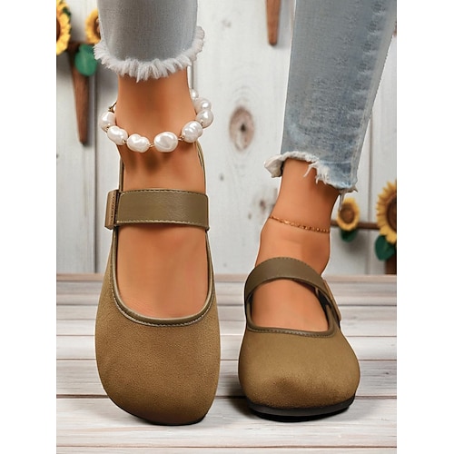scarpe basse larghe da donna in stile mary jane marroni – scarpe a piedi nudi in pelle scamosciata marrone con punta tonda e fibbia, comode calzature basse retrò per l'ufficio e gli outfit casual