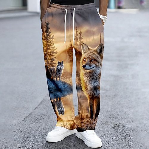 Herren Fuchs Tierwelt Natur Landschaft Jogginghose Hose Freizeithose Mittlere Taille Vintage-Retro Outdoor Jagd Trainieren Elastischer Kordelzug in der Taille Gerade geschnittene Hose mit Taschen Image