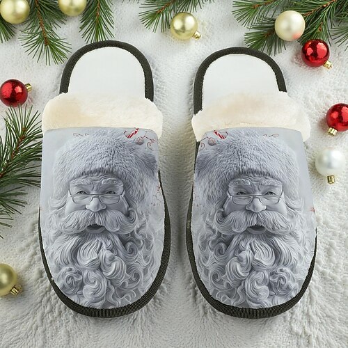 Vintage-Hausschuhe für Herren mit Weihnachtsmannmotiv – warme, flauschig gefütterte Hausschuhe mit klassischem Weihnachtsmuster, gemütliche Winterschuhe für Zuhause und als Weihnachtsgeschenk Image
