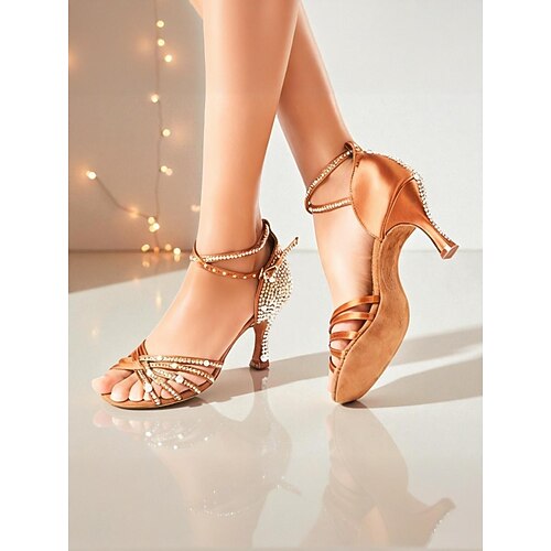 Satin-Strass-Lateintanzschuhe für Damen – professionelle Salsa-Tango-Sandalen mit Riemchendesign und Kristallabsätzen für Wettbewerbe oder Auftritte Image