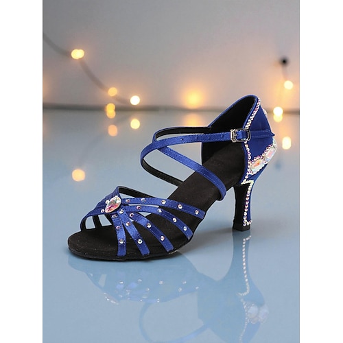 Rote Damen-Lateintanzschuhe mit Strasssteinen – professionelle Salsa-Tango-Sandalen mit Riemchendesign und kristallverzierten Absätzen für Wettbewerbe oder Auftritte Image