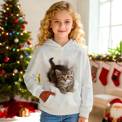 Weihnachten Mädchen 3D Grafik Katze Kapuzensweatshirt Langarm Herbst Winter Mode Niedlich Basic Kinder 4-12 Jahre Mit Kapuze Outdoor Lässig Täglich Normale Passform Image
