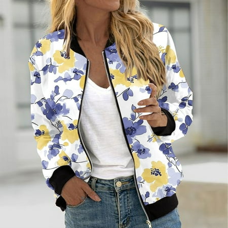 Sakmal Motorcycle Jackets Women Cropped Bomber Coats Floral Yellow Fashion Jackets for Women XXL