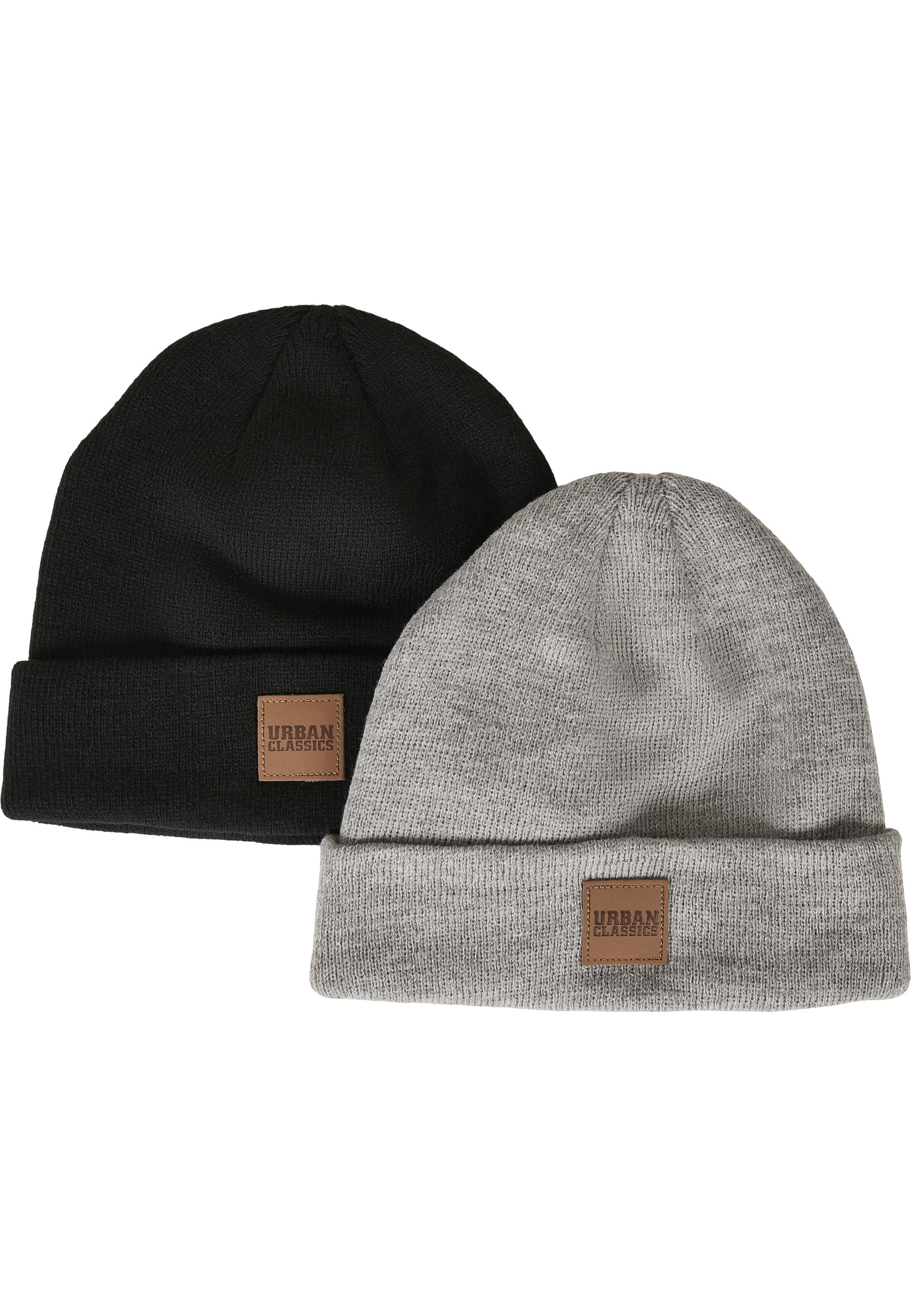 Beanie URBAN CLASSICS "Urban Classics Damen Logopatch Beanie Kids 2-Pack", Kinder, Gr. 122/128, schwarz grau, Kunstfaser, Mützen Beanie Image