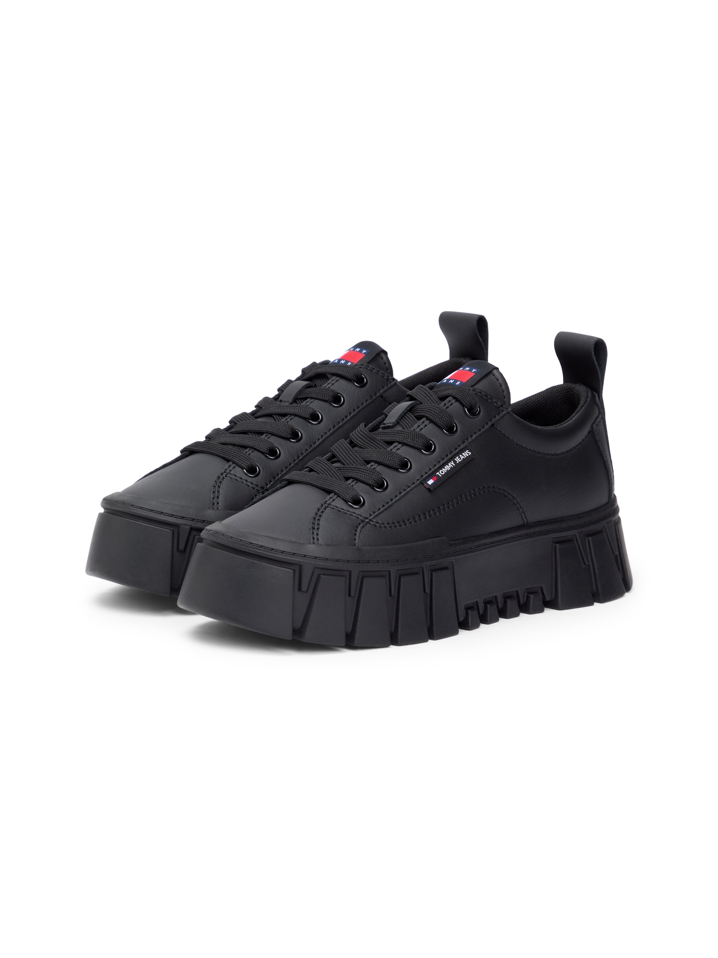 Plateausneaker TOMMY JEANS "TJW VULC FLATFORM LEATHER", Damen, Gr. 41, schwarz, Leder, Lederimitat, unifarben, Schuhe Plateausneaker, Freizeitschuh, Halbschuh, Schnürschuh mit dezenten Ziernähten