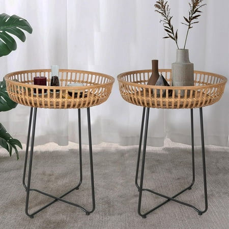 Oakrain Rattan End Table Nesting Tables Set of 2 Bamboo Round Metal Base for Boho Living Room Sofa Bedroom Terrace (18.11inch Set of 2)