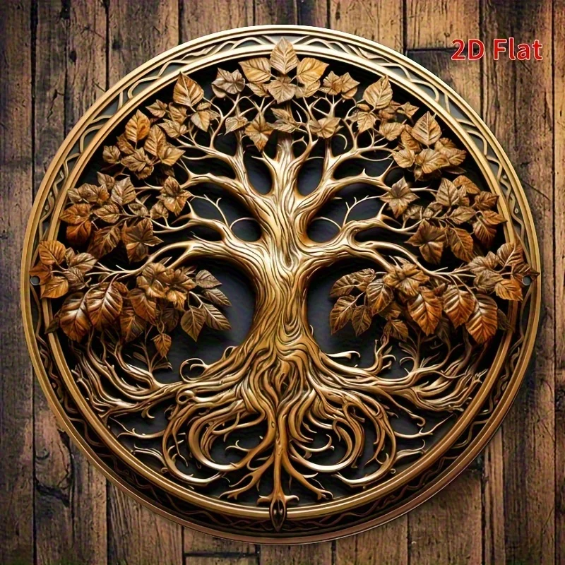 2D flach, 1 Stück, 2D flach „Baum des Lebens“, rundes Kunstschild aus Holz – 19,99 x 19,99 cm, klassische Wanddekoration mit kompliziertem goldenem Baum-Design