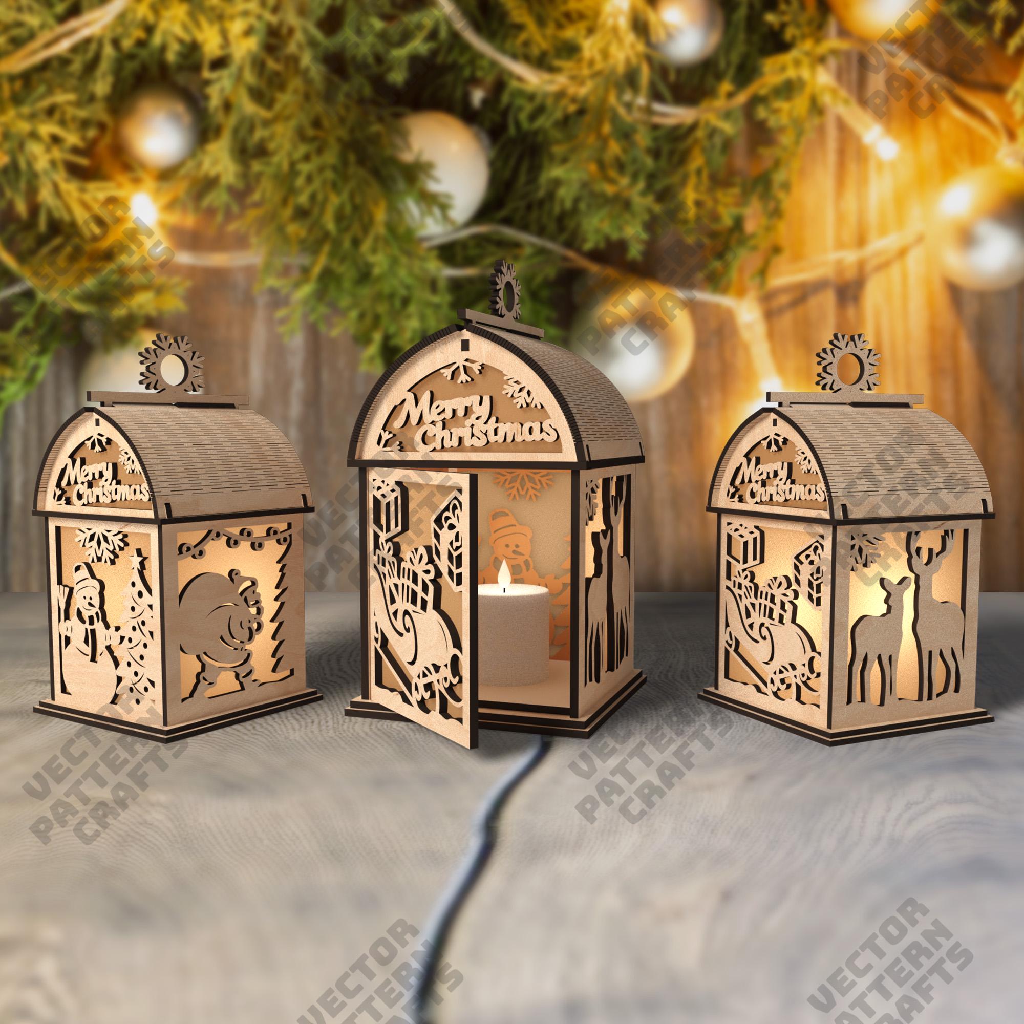 Lanterna di Natale tagliata al laser file svg Glowforge Portacandele natalizio decorativo modello svg Lampada da tavolo natalizia dxf File laser natal