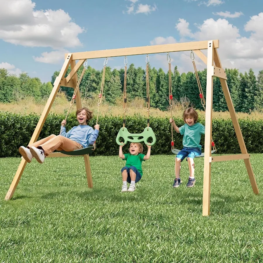 All Spruce Wooden Swing Sets for Backyard for 38 Years Old with 2 Belt Swings and Trapeze Bar Durable Outdoor Playground Equipm