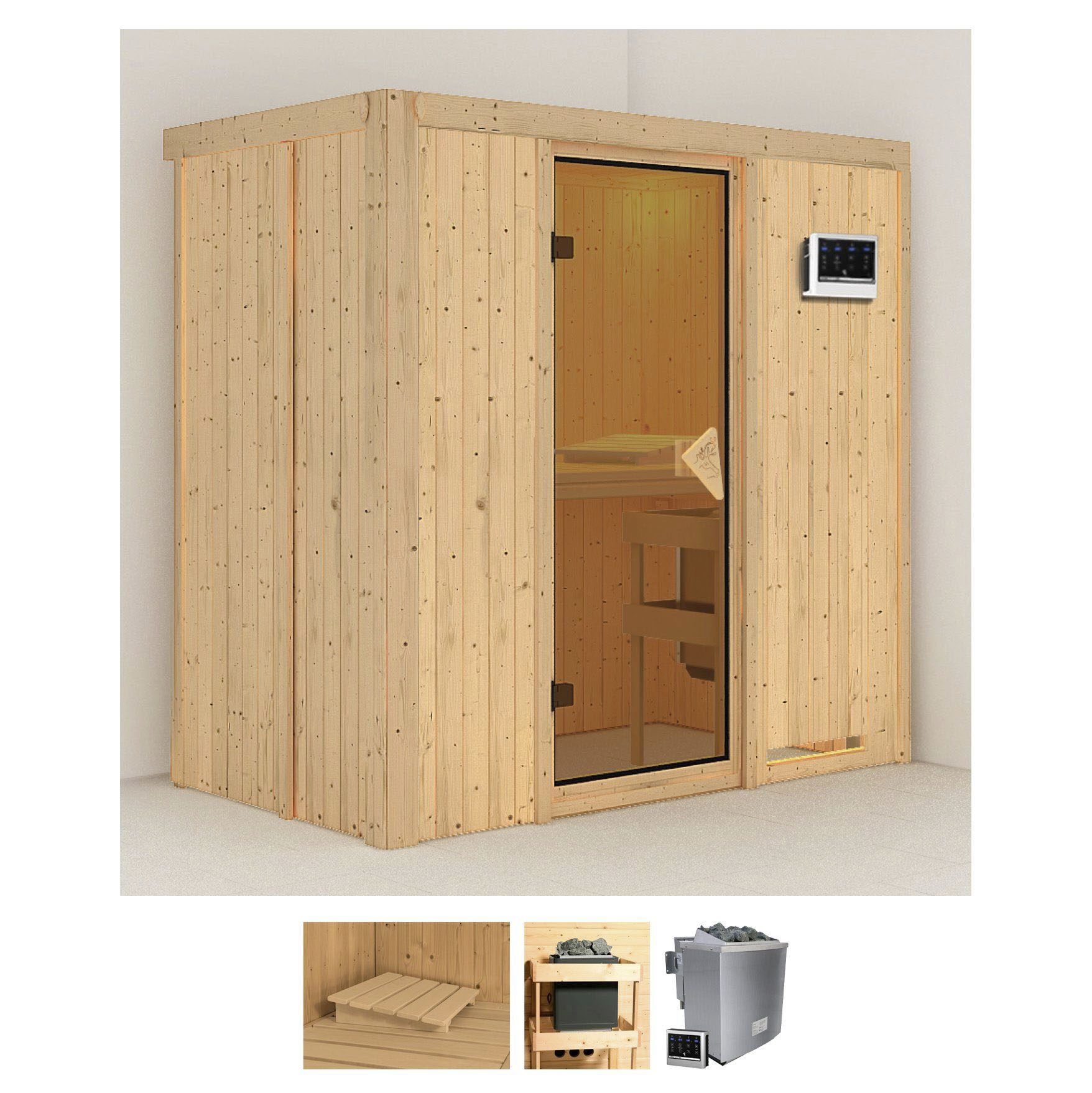 Sauna KARIBU "Vada", beige (naturbelassen), Bio-Kombiofen, externe Steuerung, 9 kW, Saunen, Ofen 9 kW Bio externe Strg easy Image
