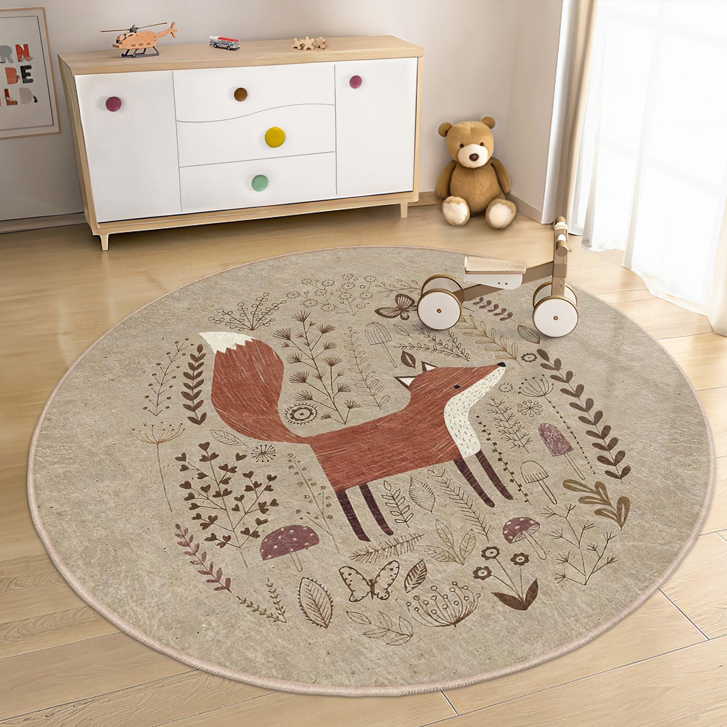 Natürliche Waldfuchs Kinderzimmer Rund Teppich -Waldtiere Naturszene Kreis Teppich-Bezaubernde Spielzimmer Matte-Erdige Kinderzimmer Dekor-Waschbarer