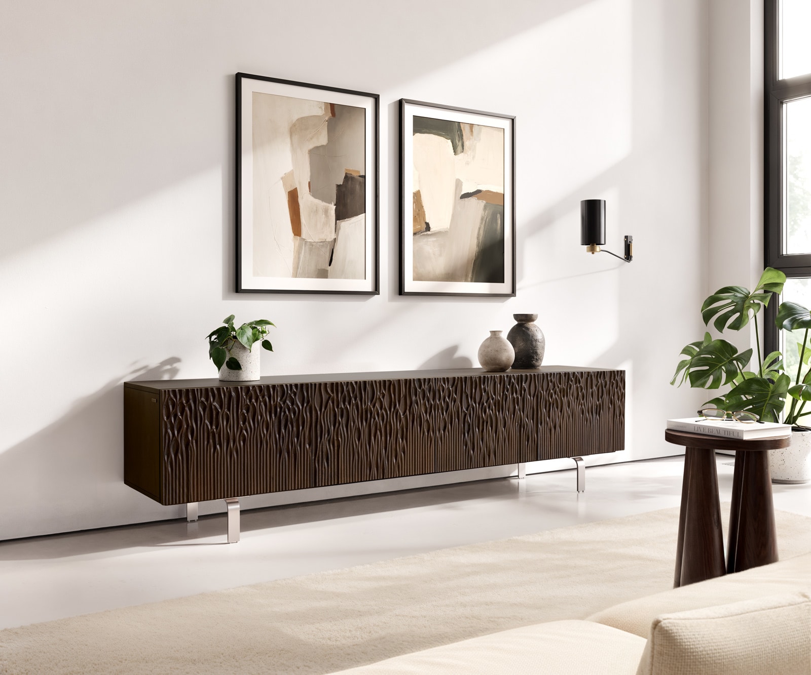 DELIFE Lowboard Follia 200 cm Mango Braun 4 Türen L-Fuß Edelstahl gebürstet, Lowboards Image