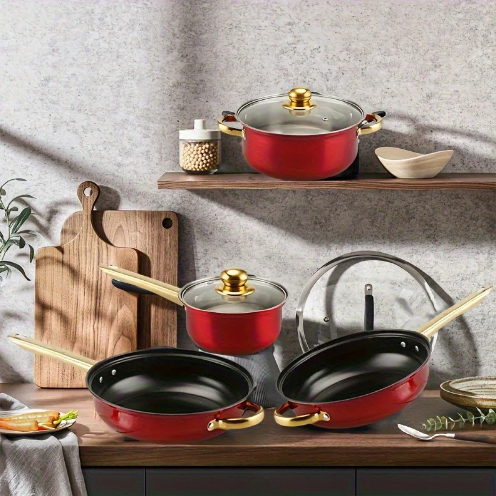 Red Cookware Set, 12-Piece ,Stainless Steel, Non-Stick, Kitchen Cookware Collection,Complete Kitchen Solution