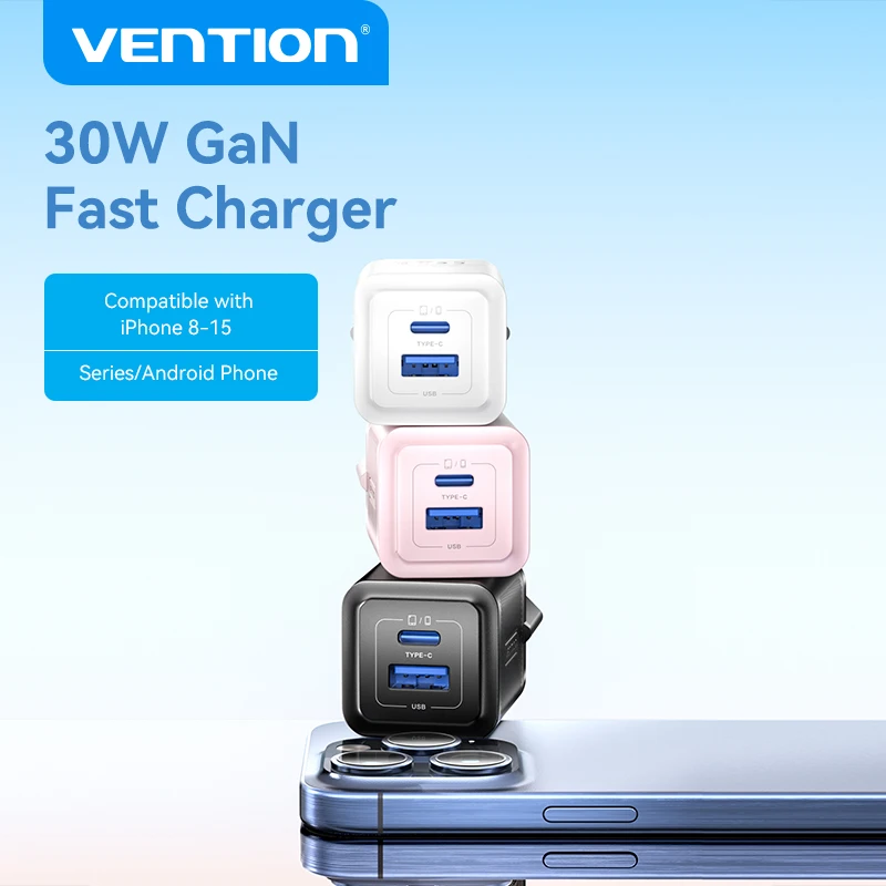 Caricabatterie Vention 30W GaN Quick Charge 4.0 3.0 Type C PD USB per iPhone 15 14 13 Pro Max Caricabatterie rapido per laptop con ricarica PD