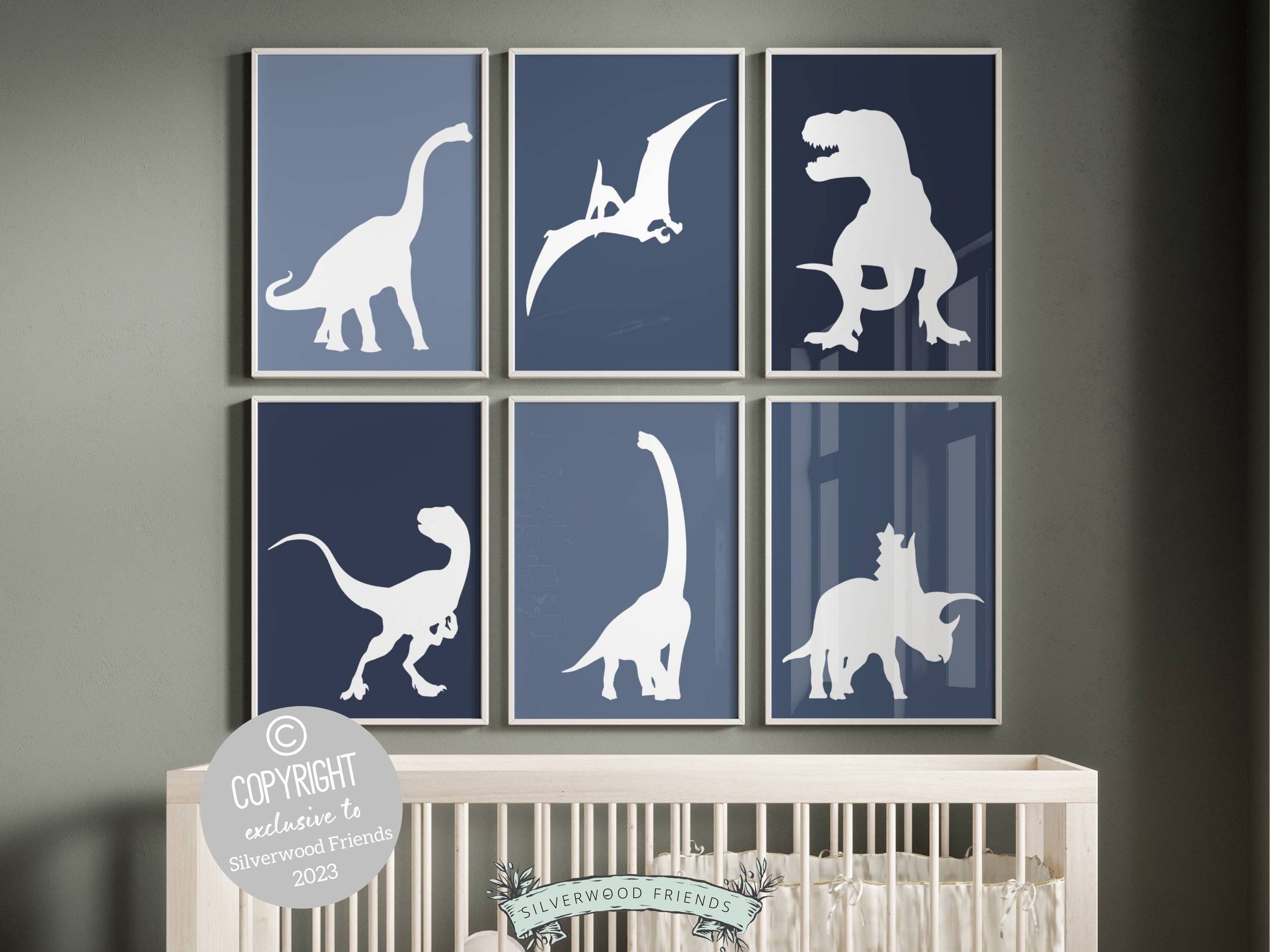 Set di 6 stampe di dinosauri stampabili, stampa per cameretta dei bambini con sagome di dinosauri blu navy, decorazione per cameretta dei bambini con