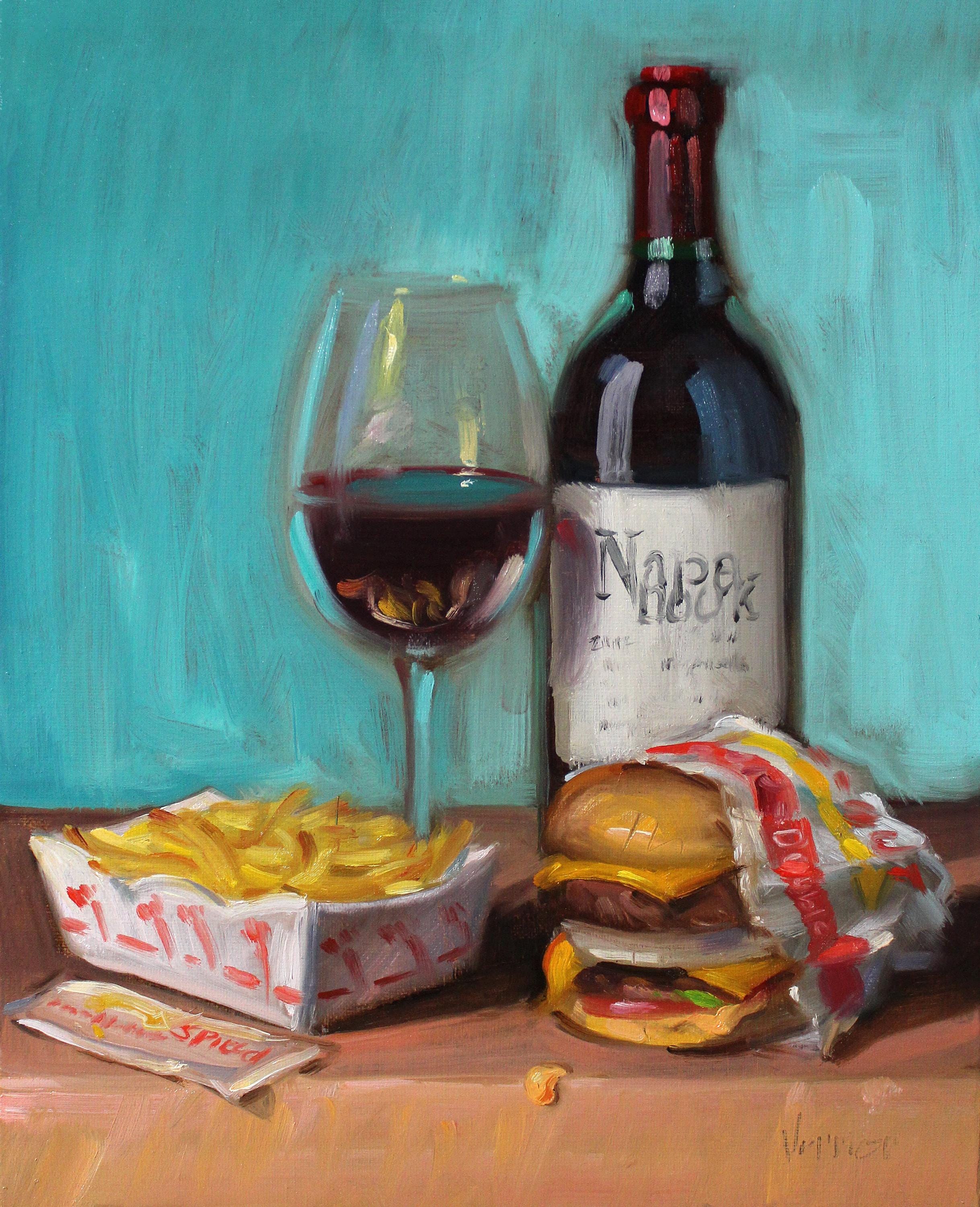 Hamburger e vino della California - NOAH VERRIER Dipinto originale a olio di natura morta, stampa artistica firmata