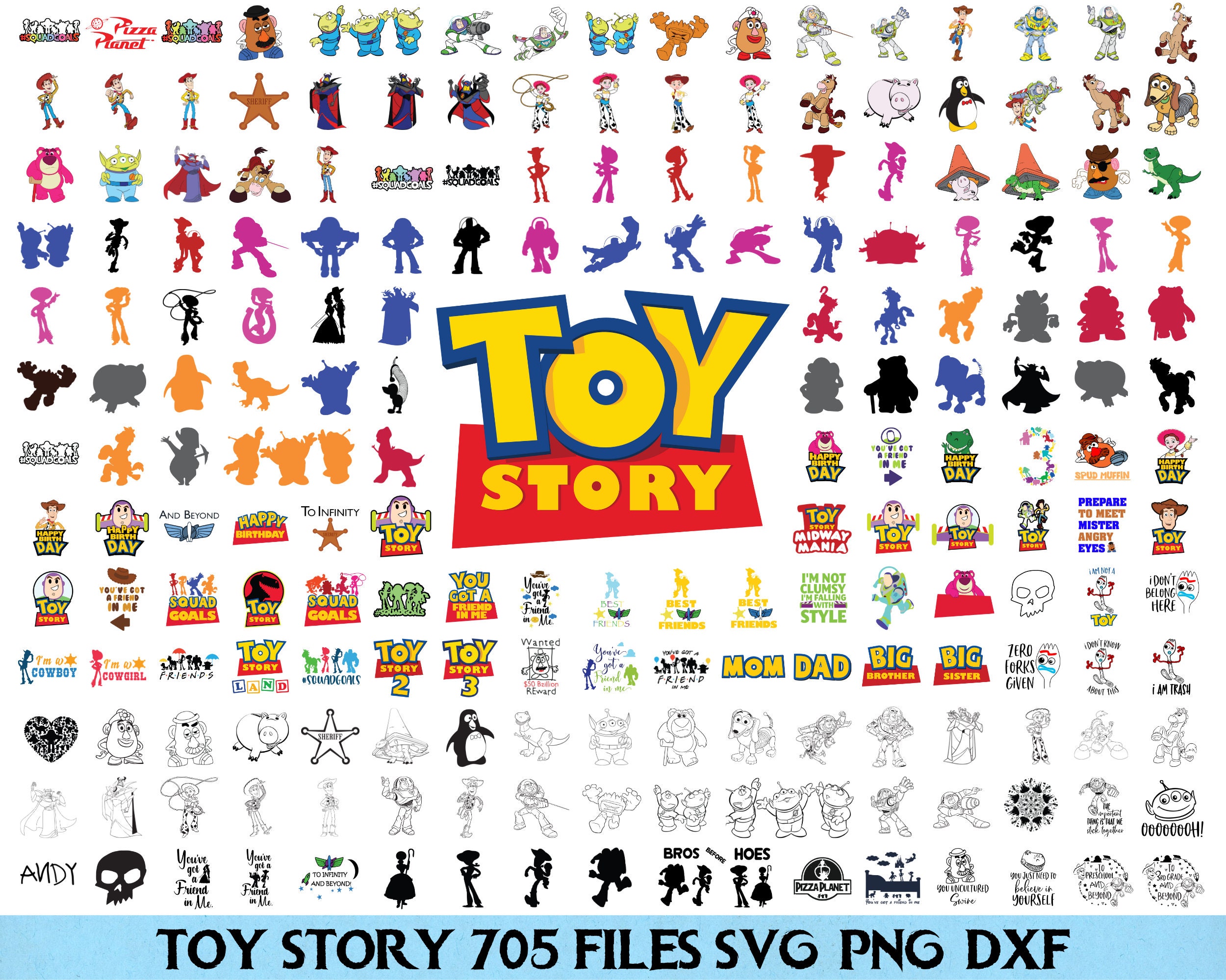 705 File Toy Story SVG Bundle, File Woody Svg per Cricut, Toy Story Png, Buzz Lightyear Svg per magliette, Toy Story Clipart, Toy Story SVG