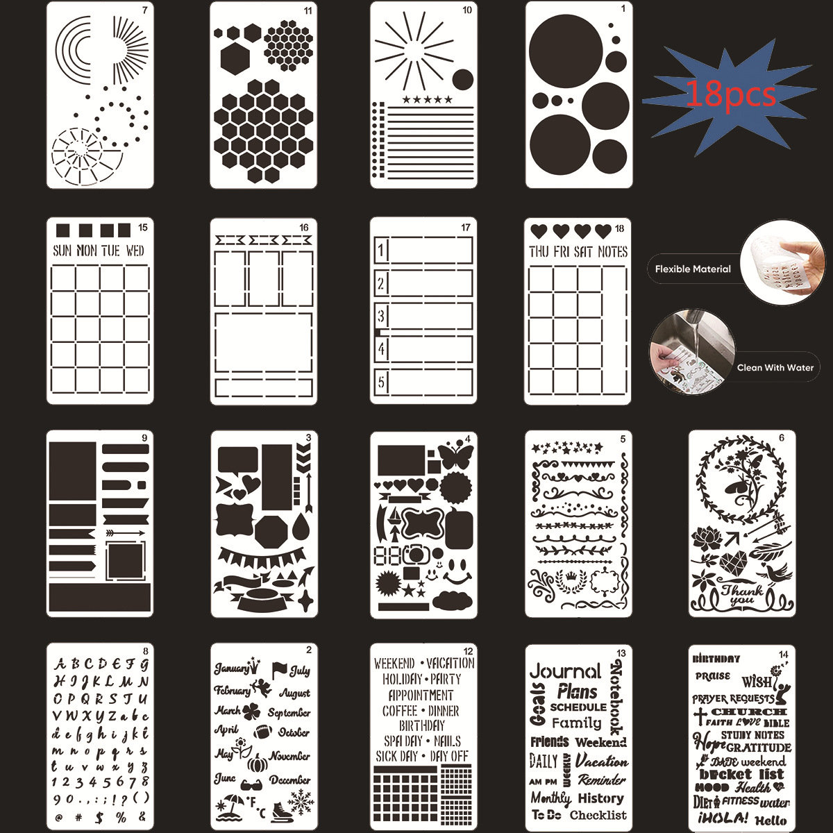18 pezzi, stencil per Bullet Journal, stencil per planner, stencil in plastica, stencil per fiori, numeri, mesi, regalo, album, modello, temi naturali