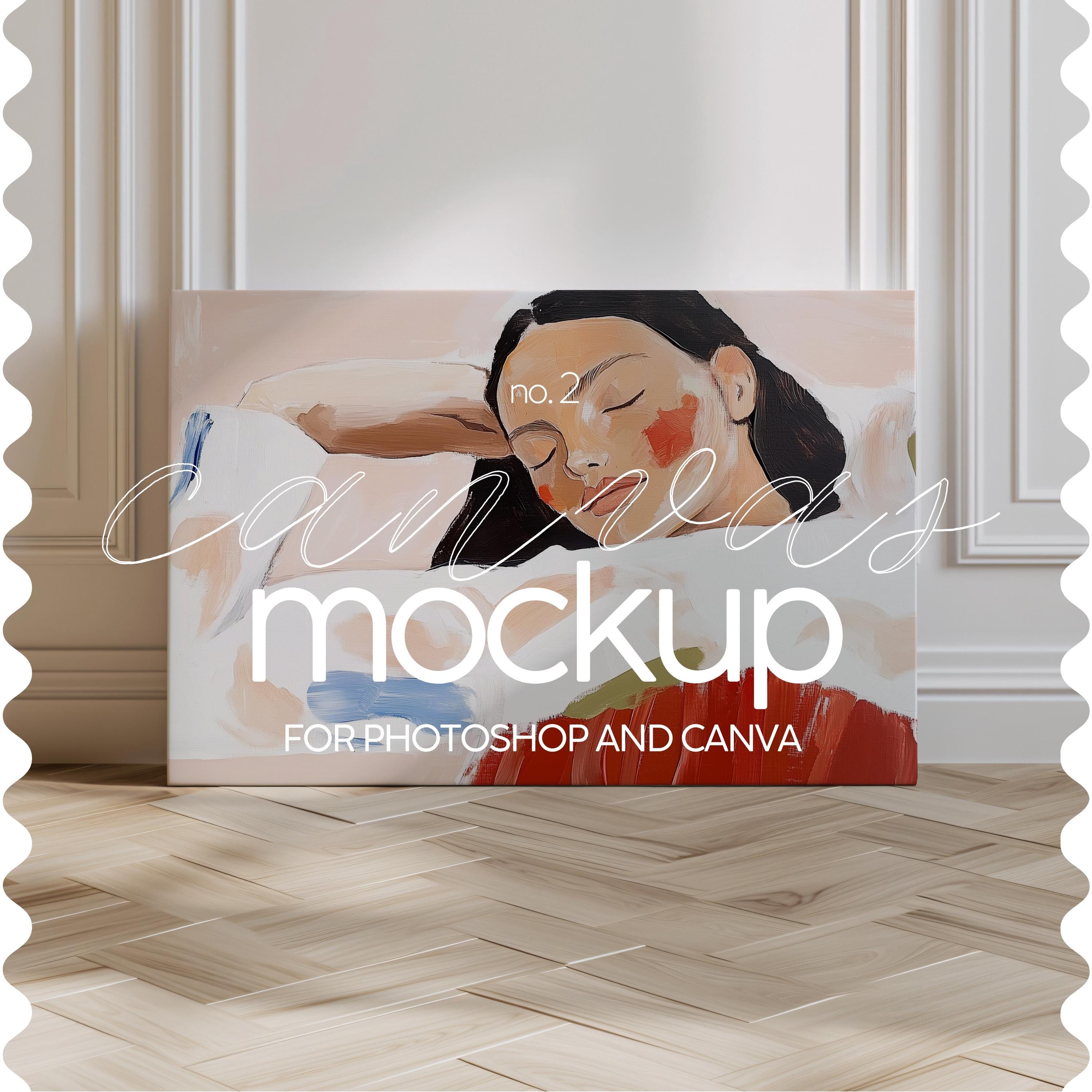 Mockup di tela orizzontale Din A, modello di cornice orizzontale per arte murale, mockup di cornice in tela per presentazione di arte murale, mockup d