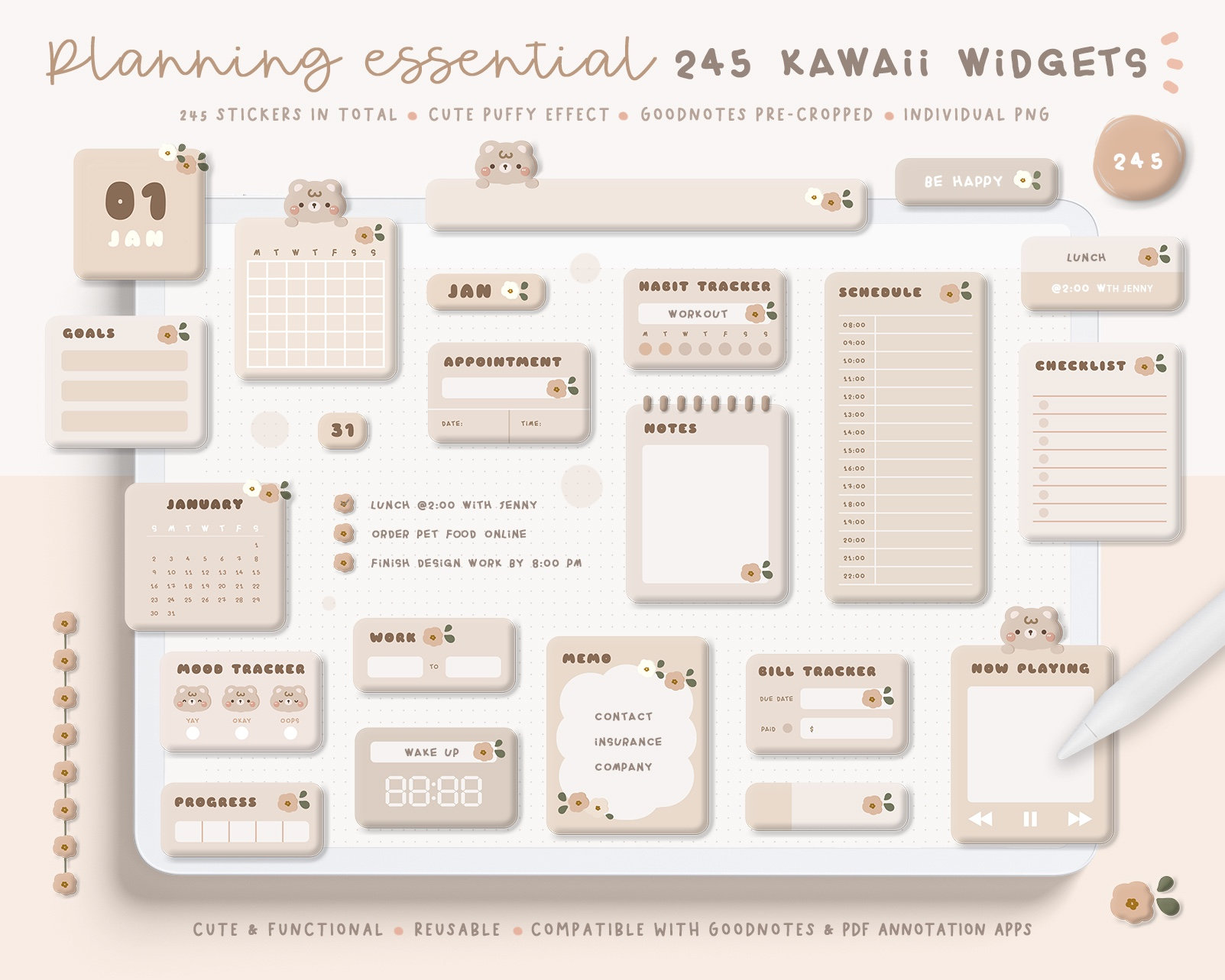 Widget digitali kawaii/ Adesivi carini per planner digitale/ Libro di adesivi digitali/ Widget per planner digitale/ Adesivi Goodnotes/ PNG