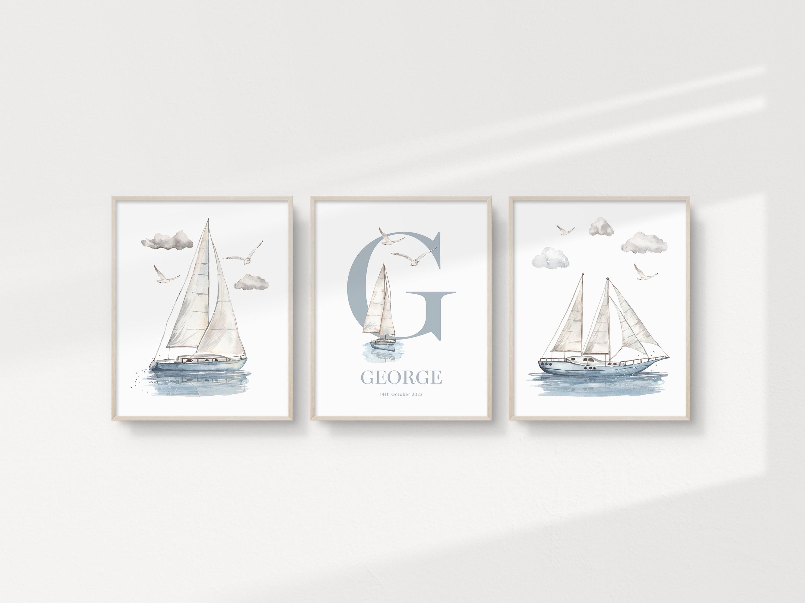 Set di 3 stampe murali personalizzate con barche a vela nautiche, decorazione nautica per cameretta dei bambini, barche a vela per cameretta dei bambi